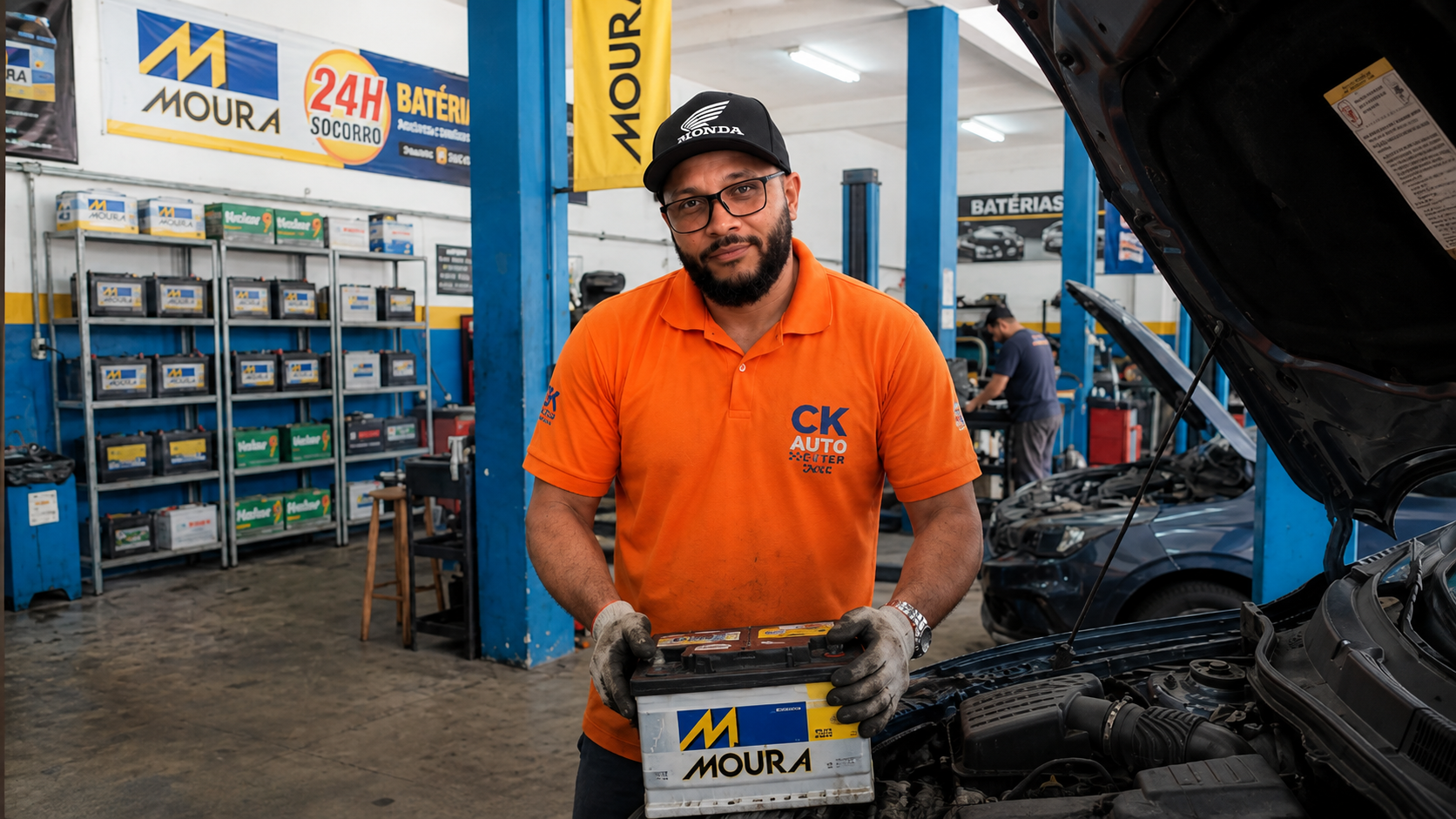 Responsável técnico da CK Auto Socorro com camisa laranja e baterias Moura